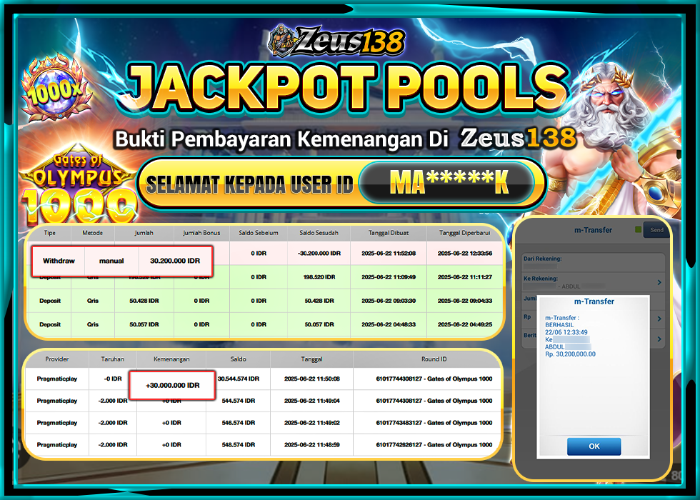 ZEUS138 GATES OF OLYMPUS 1000 Rp.30.200.000,LUNAS